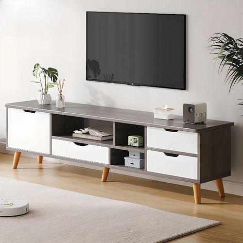 Meuble TV en bois massif avec porte et 2 tiroirs - Gris blanc