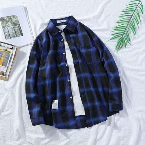 Men's Long Sleeved Checkered Shirt Enlarged - Blue
