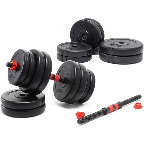 Kit d’haltères Courts Longs 15kg, Set 2en1 avec 8 Plaques de poids, Avec barre extension