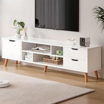 Meuble TV en bois massif avec porte et 2 tiroirs - blanc