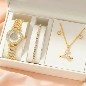 Mode Montre femme + Collier + Boucles doreilles + Bague + Bracelet en or